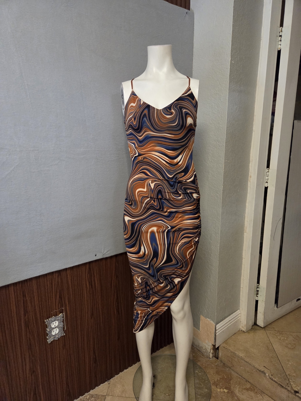 Asymmetrical Swirl Slip Dress in Brown & Navy